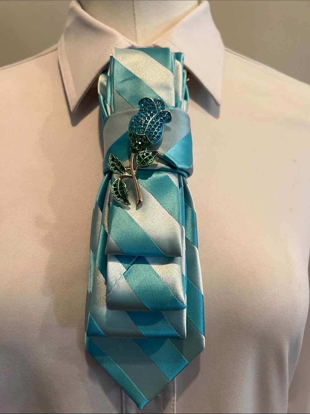 Turquoise Striped Tie Necklace with Blue Rose Lapel Pin
